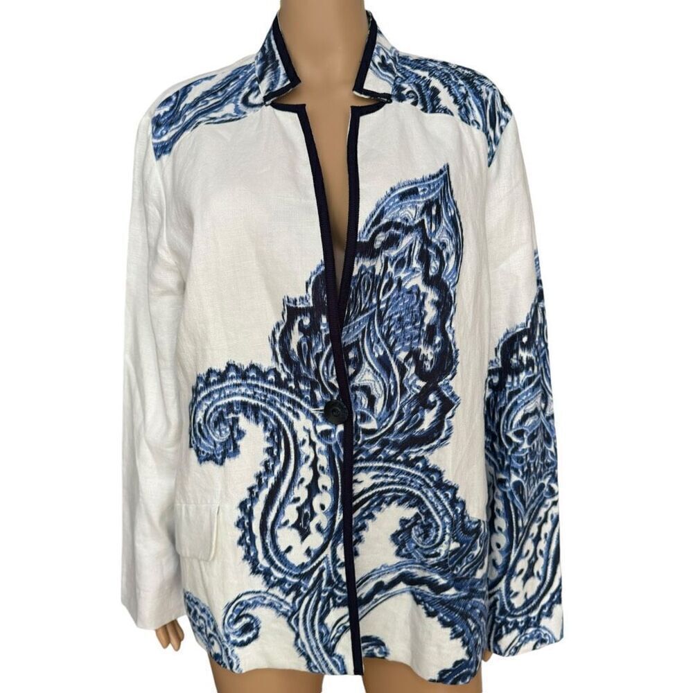 Chico’s 100% Linen cotton lining Willow Print Paisley Blazer jacket Sz 3/XL